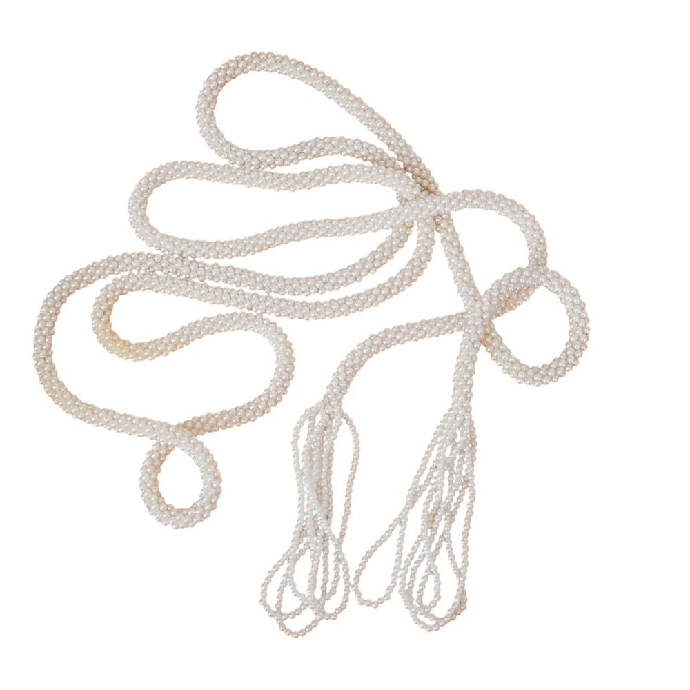 Vintage faux pearl seed bead 44” long twist rope necklace belt - tassels Retro